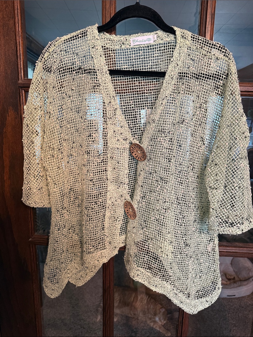 Lulu-B‎ Womens XL Sage Green Open Knit Mesh Cardigan Wood Button 3/4 Sleeve Top